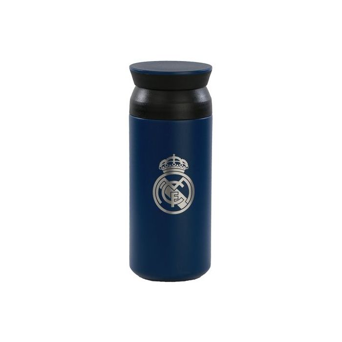 Safta Real Madrid Vaso de Acero Inoxidable 350mL - Doble Pared - Base de Silicona - Acero Inoxidable - Tapa - 12H Caliente / 24H Frio - 17.2x6.8x6.8cm - Color Azul Marino