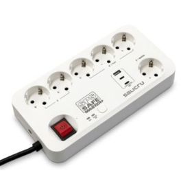 Salicru Regleta SPS SAFE MASTER+ Protectores Electricos Activos de Ultima Generacion - 6 Tomas Schuko - 1xUSB-A, 2xUSB-C - Master/Slave - Color Blanco