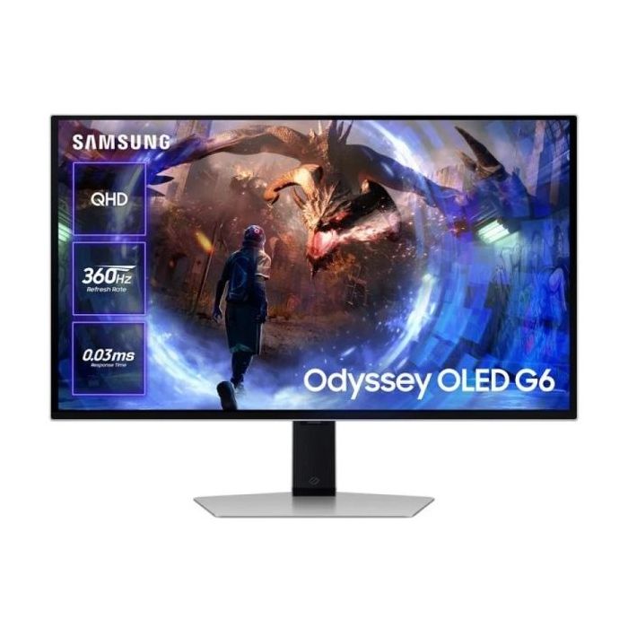 Samsung Odyssey G6 Monitor Gaming 27" OLED QHD 360Hz FreeSync Premium Pro HDR - Respuesta 0.3ms - Regulable en Altura, Giratorio e Inclinable - HDMI, DisplayPort, USB3.2 y Audio - VESA 100x100mm - Color Gris