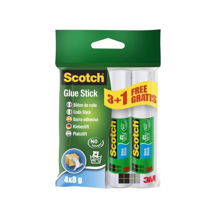 Scotch Pack de 4 Pegamentos en Barra Adhesivo Solido - 8gr por Unidad - Promocion 3 Barras + 1 Gratis - Color Transparente