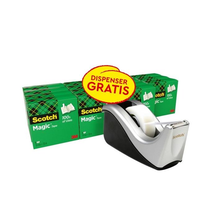 Scotch Magic Pack de 16 Cintas Adhesivas Invisibles 19mm x 33m + Dispensador Gratis - Color del Dispensador Negro/Gris