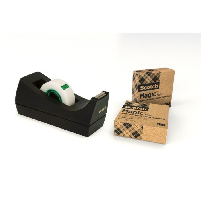 Scotch Dispensador de Cinta Adhesiva - para Cintas de hasta 19mm x 33m - 66% Adhesivo Vegetal - Incluye 3 Cintas Adhesivas - Color Negro