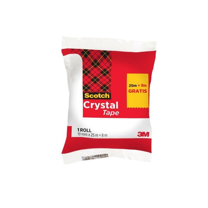 Scotch Crystal Cinta Adhesiva - 19mm x 33m - Promocion 25m + 8m Gratis - Color Transparente