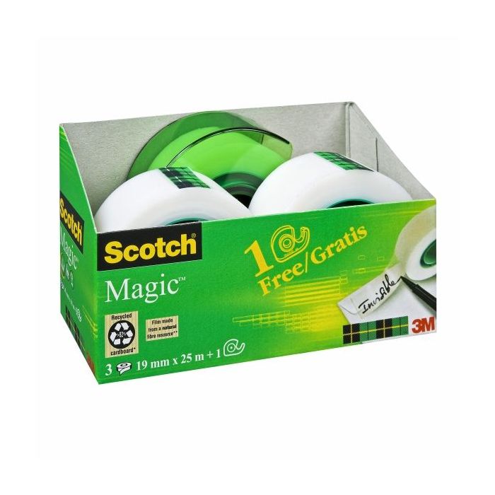 Scotch Magic Pack de 3 Cintas Adhesivas Invisible - 19mm x 25m - Dispensador Gratis - Color Transparente