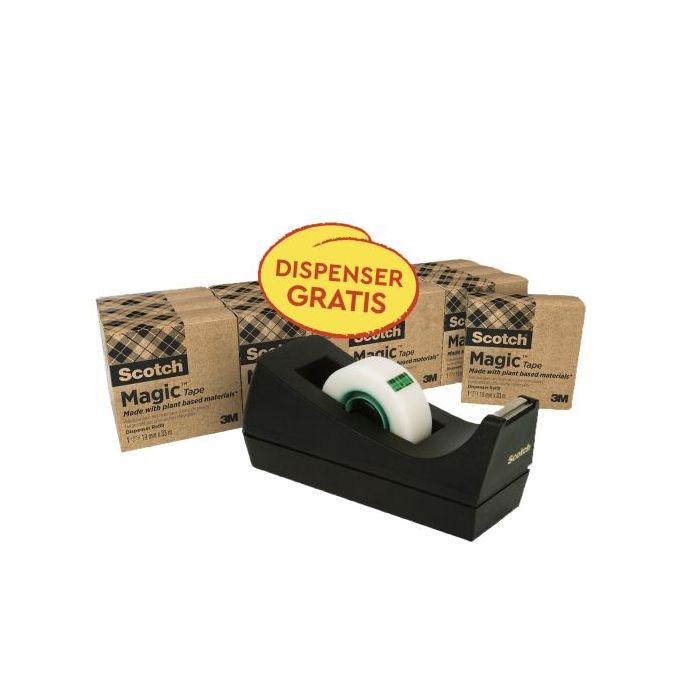 Scotch Magic Pack de 14 Cintas Adhesivas - 66% Adhesivo Vegetal - 19mm x 33m - Promocion Dispensador Gratis - Color Negro