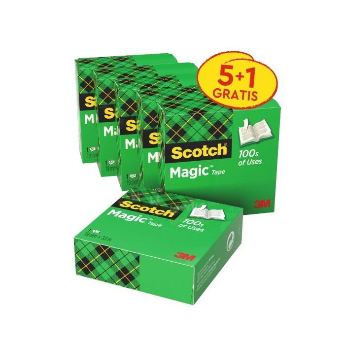 Scotch Magic Pack de 6 Cintas Adhesivas Invisible - 19mm x 33m - Promocion 5 + 1 Gratis - Color Transparente
