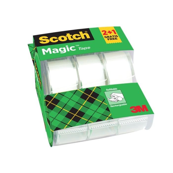 Scotch Magic Pack de 3 Cintas Adhesivas Invisibles - 19mm x 7.5m - Promocion 2 + 1 Gratis - Incluye Dispensador - Color Transparente