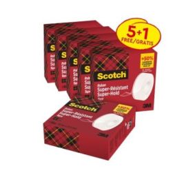 Scotch Super-Hold Pack de 6 Cintas Adhesivas - Extrafuerte - 19mm x 25.4m - Promocion 5 + 1 Gratis - Color Transparente