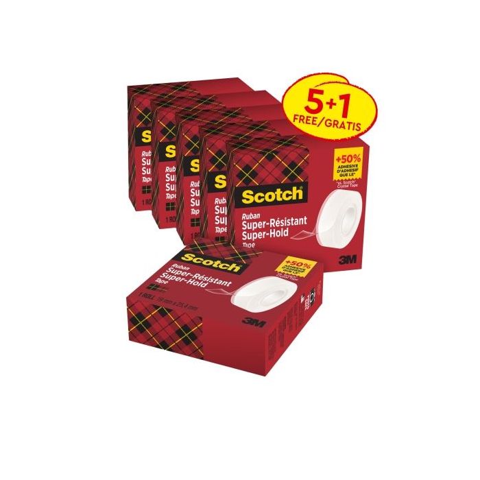 Scotch Super-Hold Pack de 6 Cintas Adhesivas - Extrafuerte - 19mm x 25.4m - Promocion 5 + 1 Gratis - Color Transparente