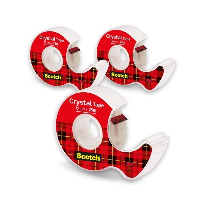 Scotch Crystal Pack de 3 Cintas Adhesivas - 19mm x 25m - Supertransparente - Incluye Dispensador - Color Transparente