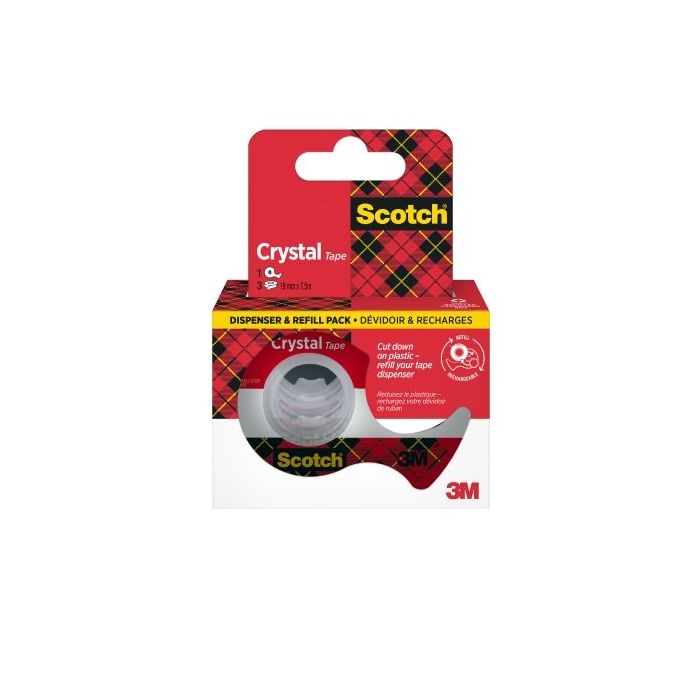 Scotch Crystal Pack de 3 Cintas Adhesivas - 19mm x 7.5m - Incluye Dispensador - Color Transparente