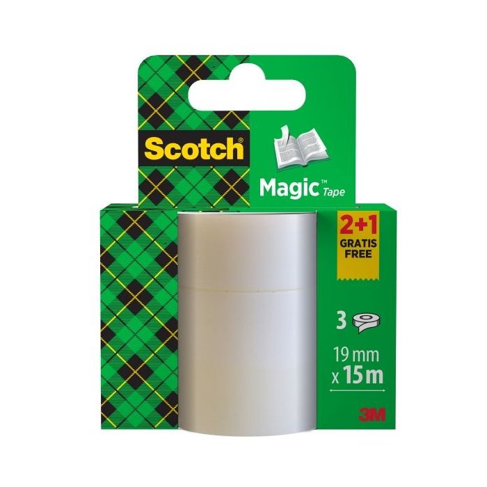 Scotch Magic Pack de 3 Cintas Adhesivas Invisible - 19mm x 15m - Promocion 2 Unidades + 1 Gratis - Color Transparente