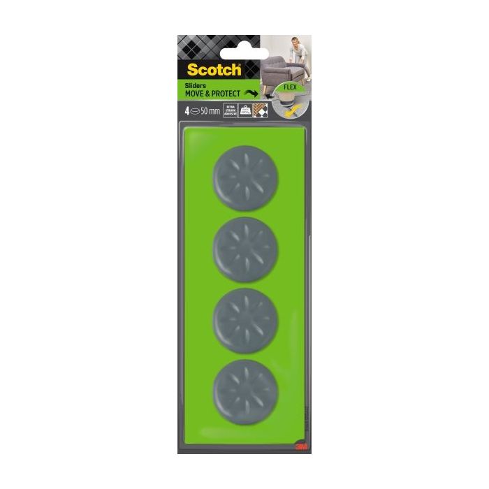 Scotch Move and Protect Flex Pack de 4 Patines Deslizantes Adhesivos - Diametro de 50mm - Soporta hasta 400kg - Color Gris