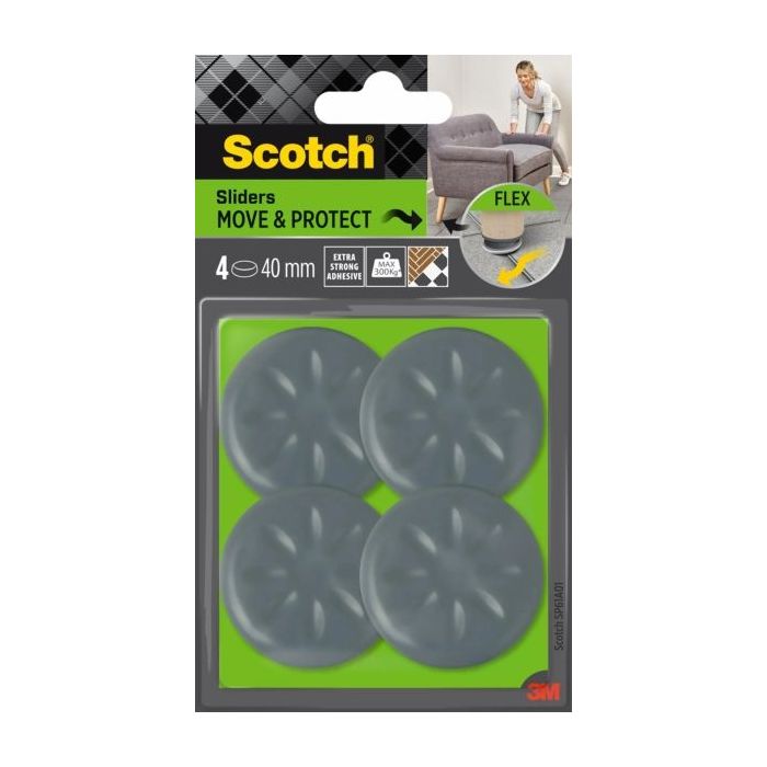 Scotch Move and Protect Flex Pack de 4 Patines Deslizantes Adhesivos - Diametro de 40mm - Soporta hasta 300kg - Color Gris