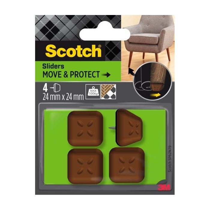 Scotch Move and Protect Pack de 4 Patines Deslizantes con Clavo - 24x24mm - Soporta hasta 100kg - Color Marron