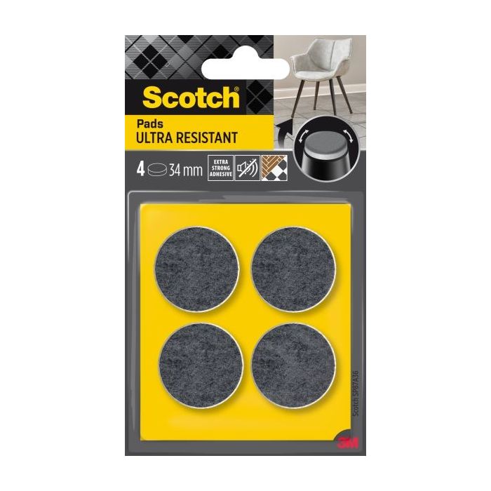 Scotch Pack de 4 Almohadillas de Fieltro Adhesivas - Ultra Resistentes - Diametro de 34mm - Color Blanco/Gris