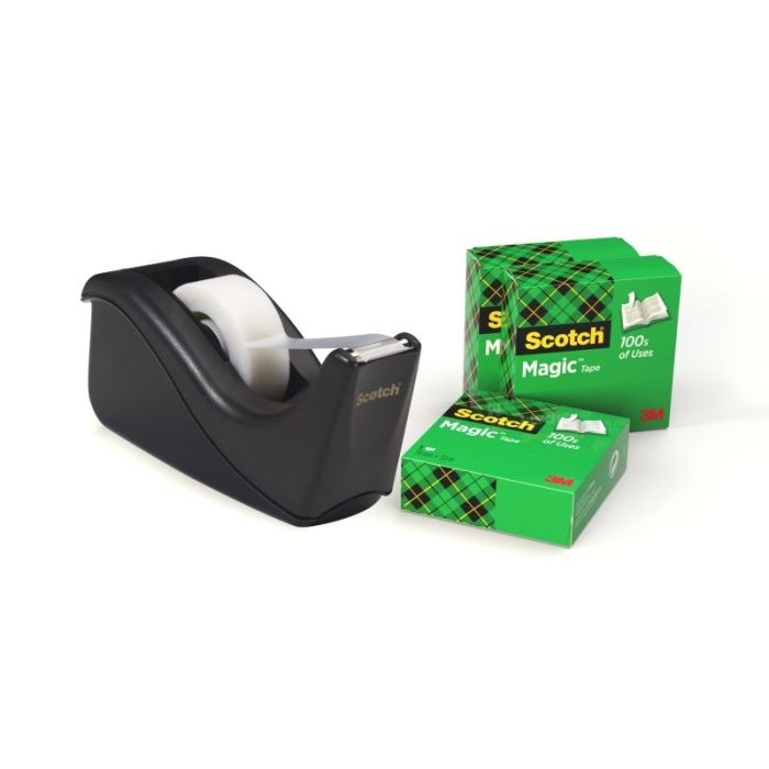 Scotch Dispensador de Cinta Adhesiva - para Cintas de hasta 19mm x 33m - Incluye 4 Cintas Adhesivas - Color Negro