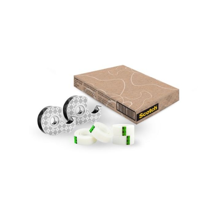 Scotch Dispensador de Pack de 2 Cintas Adhesivas - para Rollos de hasta 19mm x 13.9m - Incluye 4 Cintas Adhesivas - 66% Adhesivo Vegetal - Color Transparente