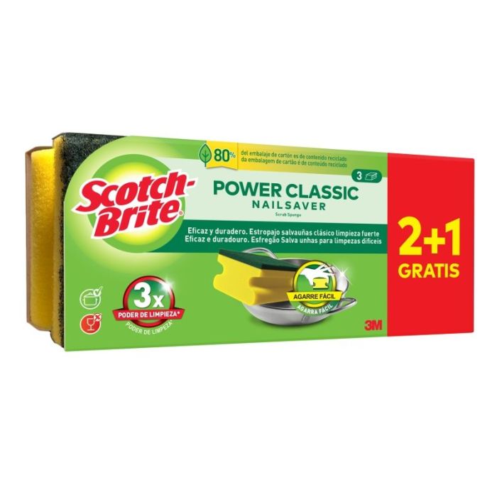 Scotch-Brite Classic Pack de 3 Estropajos de Cocina - Proteccion para los Dedos - Promocion 2 + 1 Gratis - Color Amarillo
