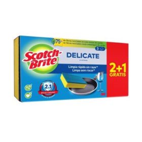 Scotch-Brite Delicate Pack de 3 Estropajos de Cocina - Promocion 2 + 1 Gratis - No Raya - Color Amarillo