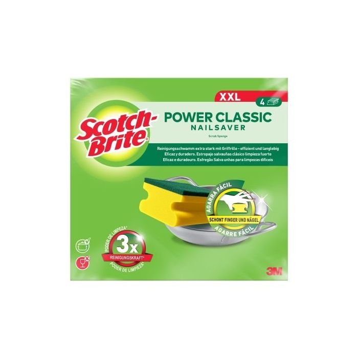 Scotch-Brite Classic Pack de 4 Estropajos de Cocina XL - Proteccion para los Dedos - Color Amarillo