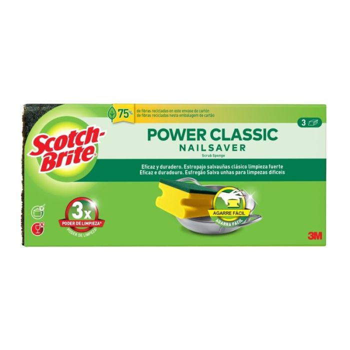 Scotch-Brite Classic Pack de 3 Estropajos de Cocina - Proteccion para los Dedos - Color Amarillo