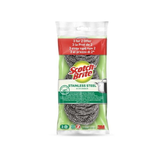 Scotch-Brite Pack de 3 Estropajos de Acero Inoxidable - Promocion 2 + 1 Gratis - Color Gris Metalizado