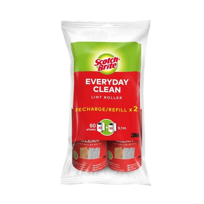 Scotch-Brite Everyday Clean Recambio para Pack de 2 Rodillos Quitapelusas Adhesivo - 30 Hojas por Rodillo - Color Blanco