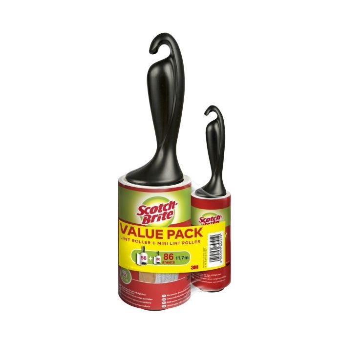 Scotch-Brite Everyday Clean Rodillo Quitapelusas Adhesivo - 56 Hojas - Incluye Rodillo Mini para Uso Diario de 30 Hojas - Color Negro