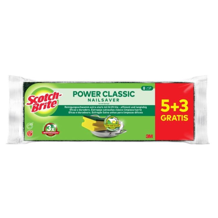 Scotch-Brite Classic Pack de 8 Estropajos de Cocina - Proteccion para los Dedos - Promocion 5 + 3 Gratis - Color Amarillo