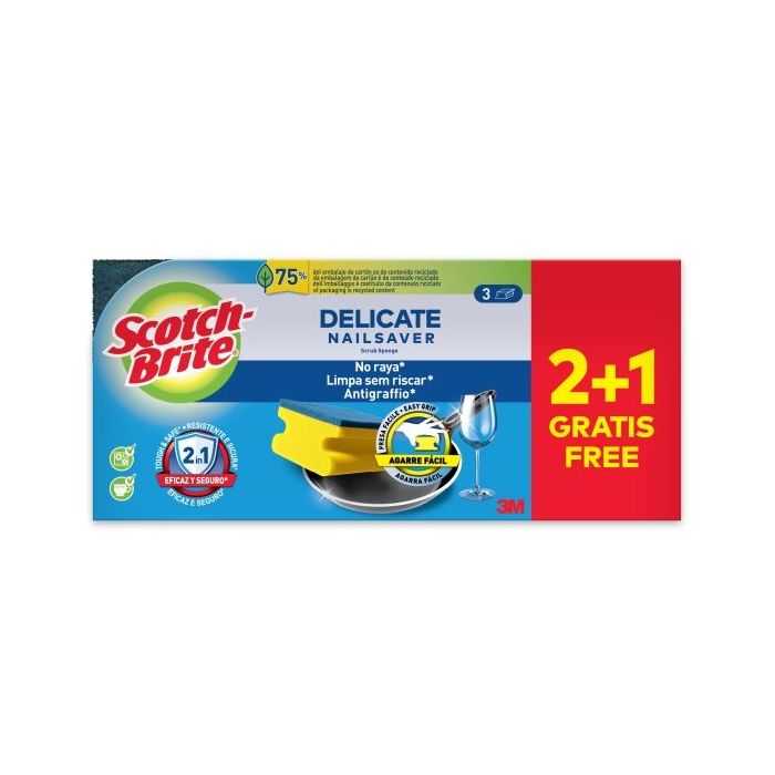 Scotch-Brite Delicate Pack de 3 Estropajos de Cocina - Proteccion para los Dedos - Promocion 2 + 1 Gratis - No Raya - Color Amarillo