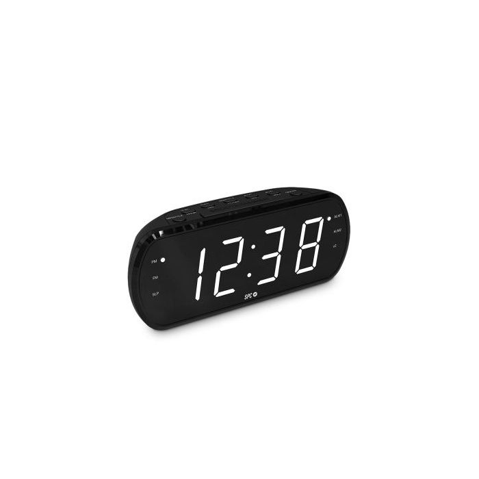 SPC Frodi View Radio Despertador Pantalla LED XL - Brillo Regulable - Boton Snooze - Almacena 20 Emisoras de Radio - Color Negro