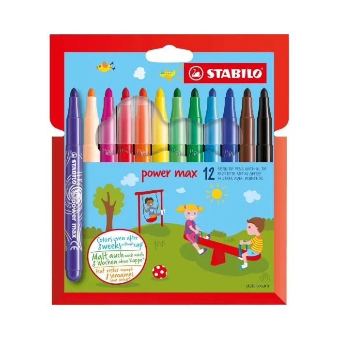 Stabilo Power Max Pack de 12 Rotuladores de Punta Gruesa - Trazo 3mm - Tinta Lavable - No se Seca - Colores Surtidos