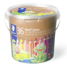 Staedtler Noris Junior Bote con 36 Lapices de Colores Extragruesos + 3 Sacapuntas + Pincel - 3 en 1, Lapiz, Cera y Acuarelable - Colores Surtidos