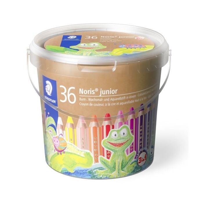 Staedtler Noris Junior Bote con 36 Lapices de Colores Extragruesos + 3 Sacapuntas + Pincel - 3 en 1, Lapiz, Cera y Acuarelable - Colores Surtidos