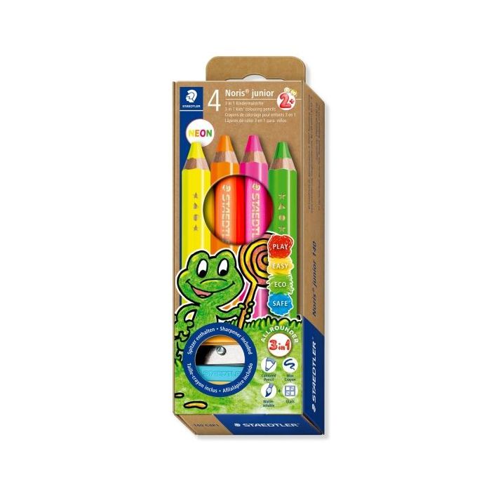 Staedtler Noris Junior Pack de 4 Lapices de Colores Extragruesos + Sacapuntas - 3 en 1, Lapiz, Cera y Acuarelable - Colores Surtidos