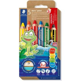 Staedtler Noris Junior Pack de 5 Lapices de Colores Extragruesos + Sacapuntas - 3 en 1, Lapiz, Cera y Acuarelable - Colores Surtidos