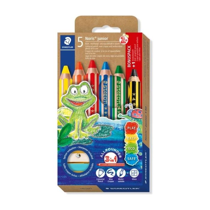 Staedtler Noris Junior Pack de 5 Lapices de Colores Extragruesos + Sacapuntas - 3 en 1, Lapiz, Cera y Acuarelable - Colores Surtidos