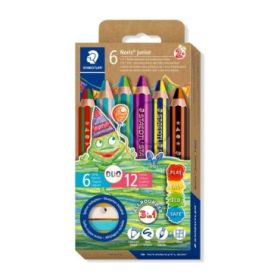 Staedtler Noris Junior Pack de 6 Lapices de Colores Extragruesos Duo + Sacapuntas - 3 en 1, Lapiz, Cera y Acuarelable - 2 Colores en cada Lapiz - Colores Surtidos