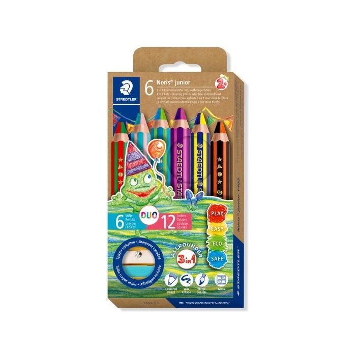 Staedtler Noris Junior Pack de 6 Lapices de Colores Extragruesos Duo + Sacapuntas - 3 en 1, Lapiz, Cera y Acuarelable - 2 Colores en cada Lapiz - Colores Surtidos