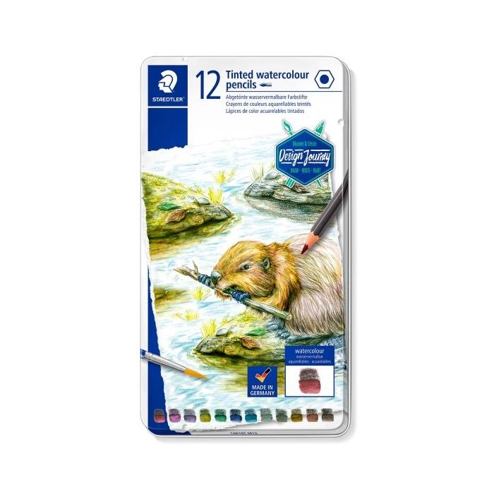 Staedtler 14610T Caja Metalica con 12 Lapices de Colores Tintados Acuarelables - Mina Suave - Colores Surtidos