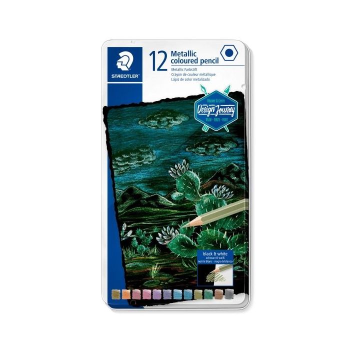 Staedtler 146M Caja Metalica con 12 Lapices de Colores Efecto Metalico - Mina Suave - Colores Surtidos