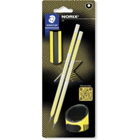 Staedtler Norix Pack de 2 Lapices de Grafito HB + Borrador + Sacapuntas - Madera Negra - Diseño Inteligente