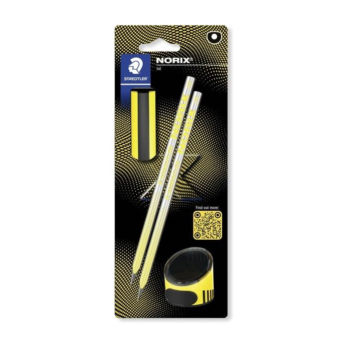 Staedtler Norix Pack de 2 Lapices de Grafito HB + Borrador + Sacapuntas - Madera Negra - Diseño Inteligente