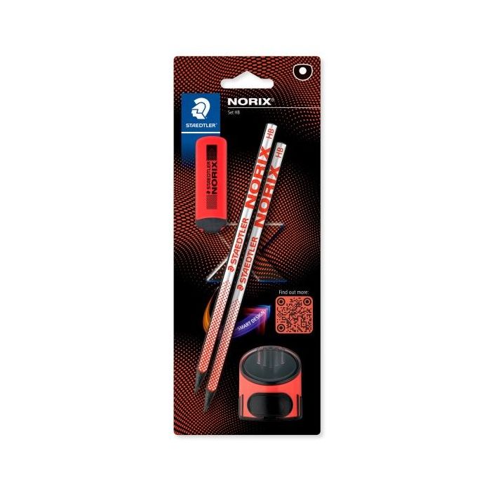 Staedtler Norix Pack de 2 Lapices de Grafito HB + Borrador + Sacapuntas - Madera Negra - Diseño Inteligente
