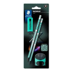 Staedtler Norix Pack de 2 Lapices de Grafito HB + Borrador + Sacapuntas - Madera Negra - Diseño Inteligente