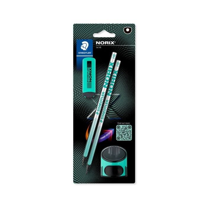 Staedtler Norix Pack de 2 Lapices de Grafito HB + Borrador + Sacapuntas - Madera Negra - Diseño Inteligente
