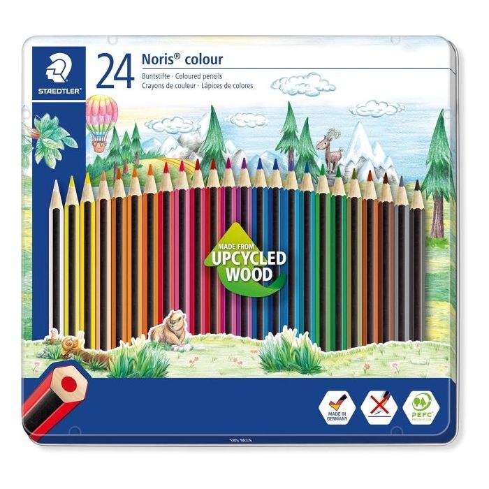 Staedtler Noris Colour 185 Caja Metalica con 24 Lapices Hexagonales de Colores - Fabricados en Wopex - Muy Resistentes - Madera de Fuentes Sostenibles - Colores Surtidos