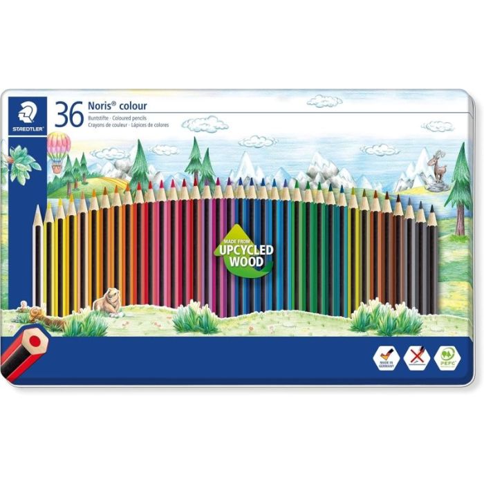 Staedtler Noris Colour 185 Caja Metalica con 36 Lapices Hexagonales de Colores - Fabricados en Wopex - Muy Resistentes - Madera de Fuentes Sostenibles - Colores Surtidos