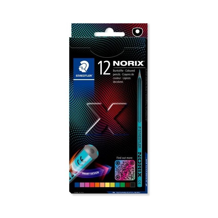 Staedtler Norix 186 Pack de 12 Lapices de Colores HB - Madera Negra - Mina de Grafito - Diseño Inteligente - Para Escribir, Dibujar y hacer Bocetos